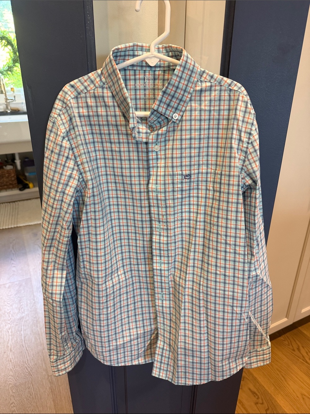 Boys southern tide large  Button-Down Plaid Shirt in Light Blue and Orange